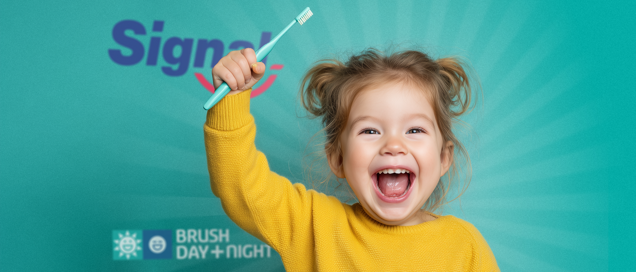 Smiling child holding a toothbrush in the Signal Superheroes campaign