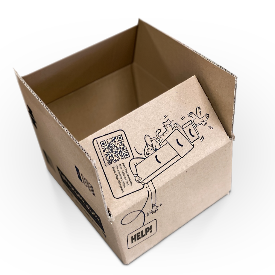 Delivery box printed with a Delivering Smiles character and QR code
