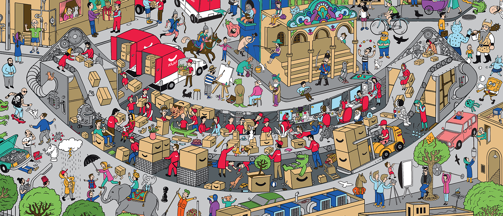 Detailed illustrated Digikala logistics world filled with delivery stories
