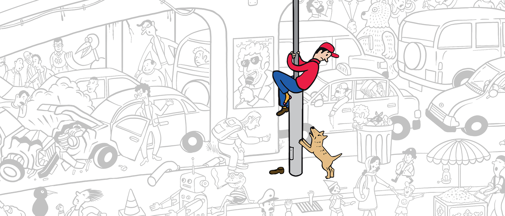 Illustrated Digikala delivery worker and dog in a busy city scene