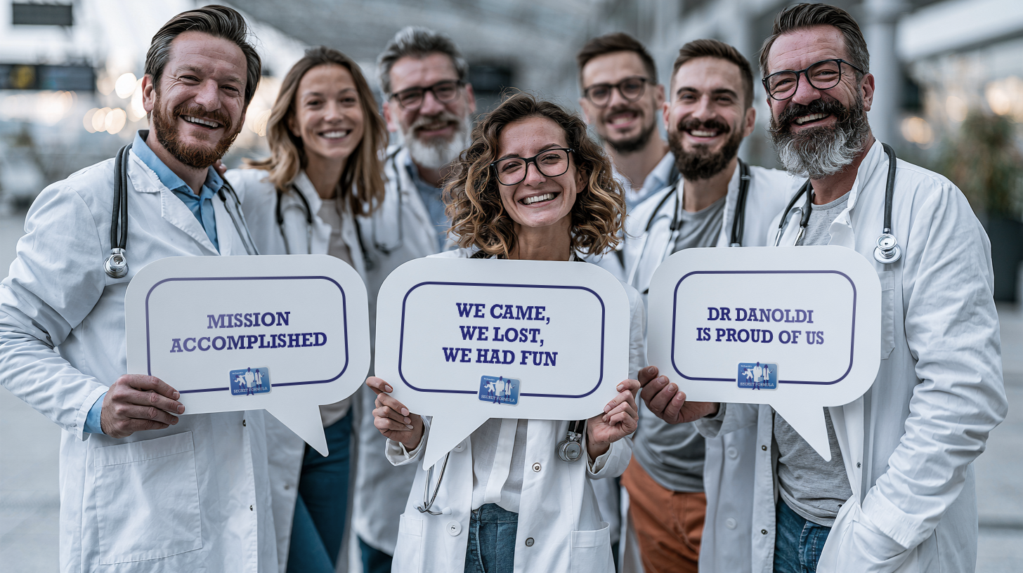Healthcare professionals holding Doctor Danoldi completion signs