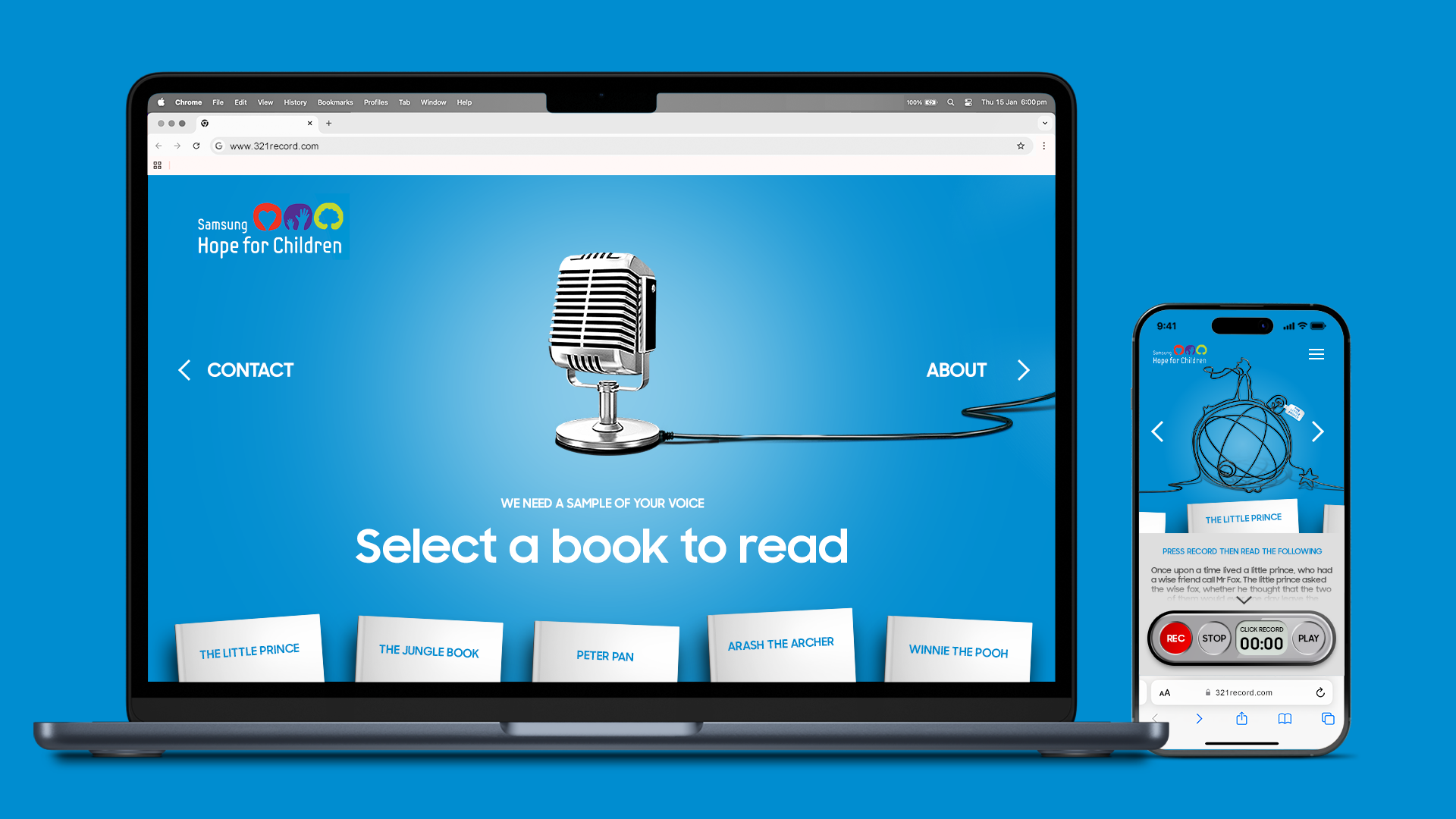 Samsung Giving Voices website displayed on laptop and mobile