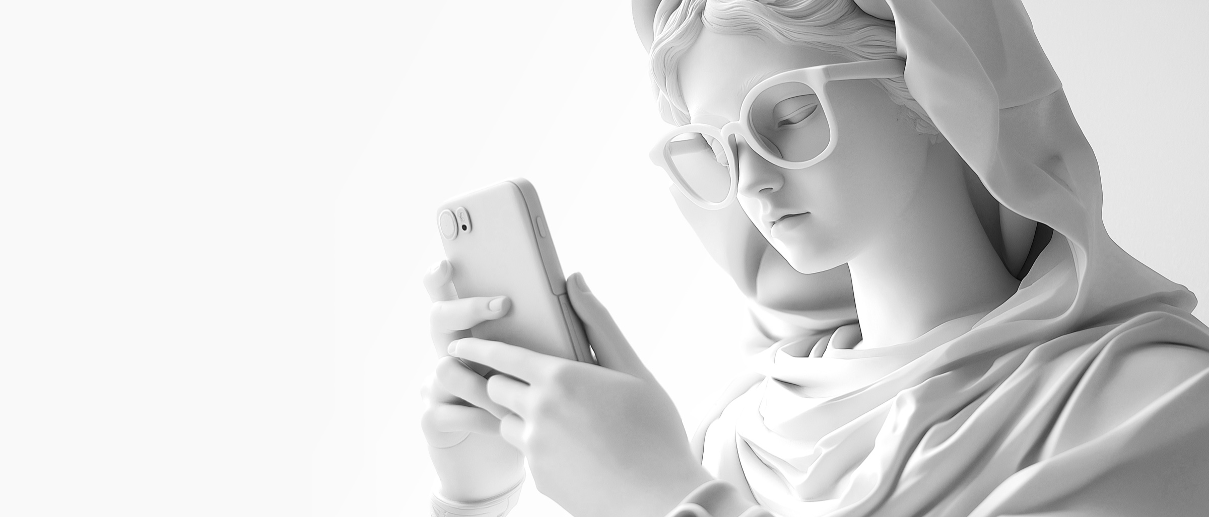 White sculptural figure looking at a mobile phone