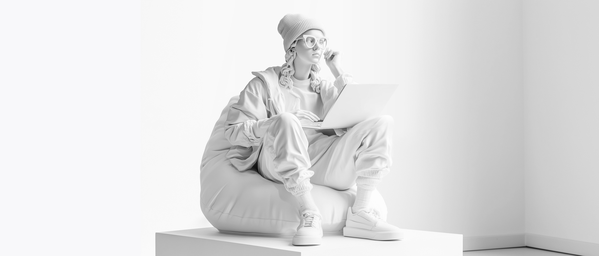 White sculptural figure using a laptop in a minimal interior