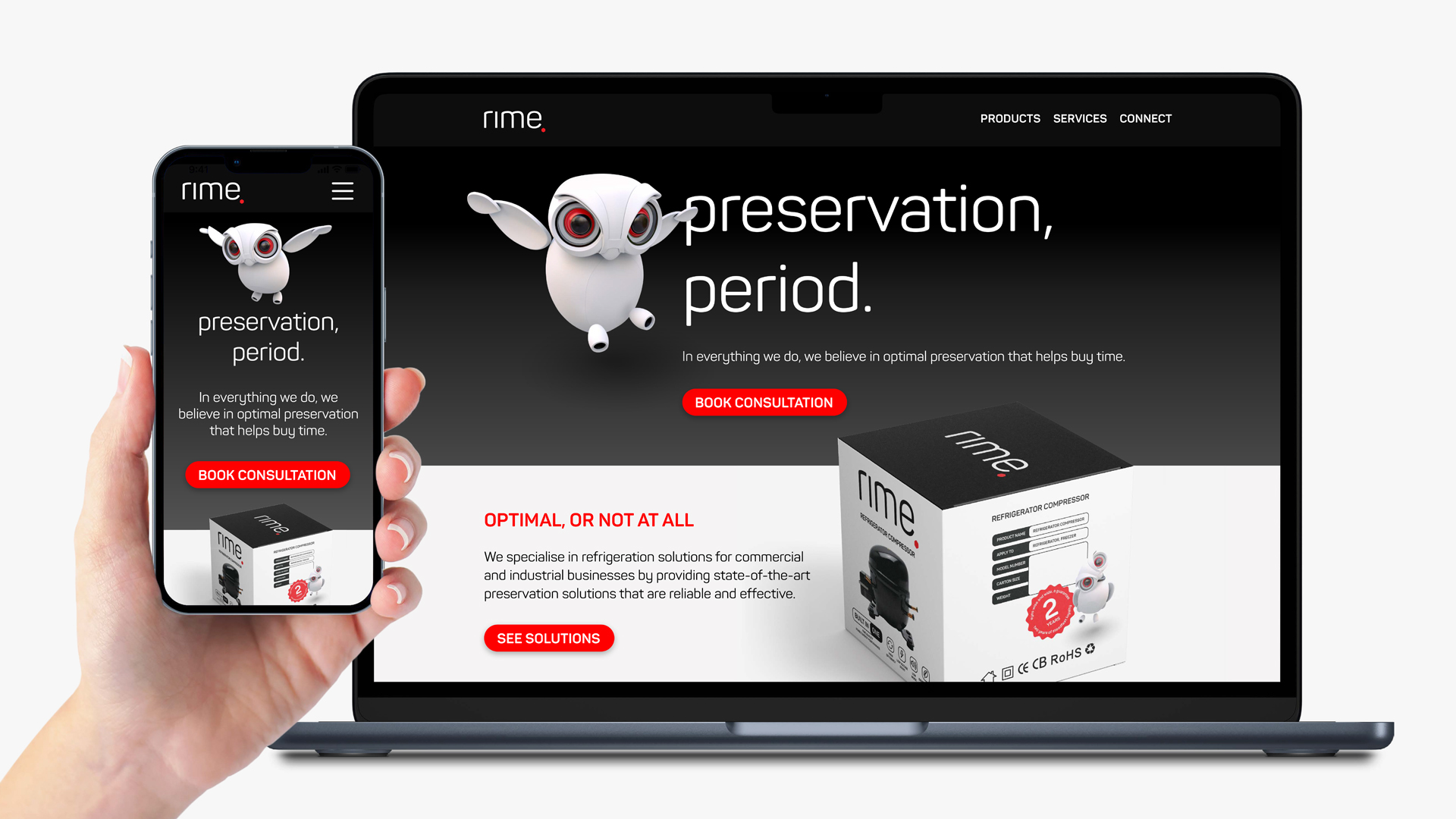 Rime refrigeration website shown on desktop and mobile