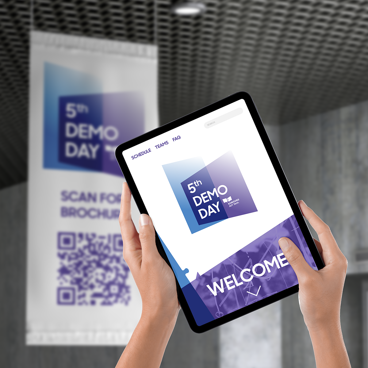Samsung AUT Tech Demo Day digital brochure on a tablet