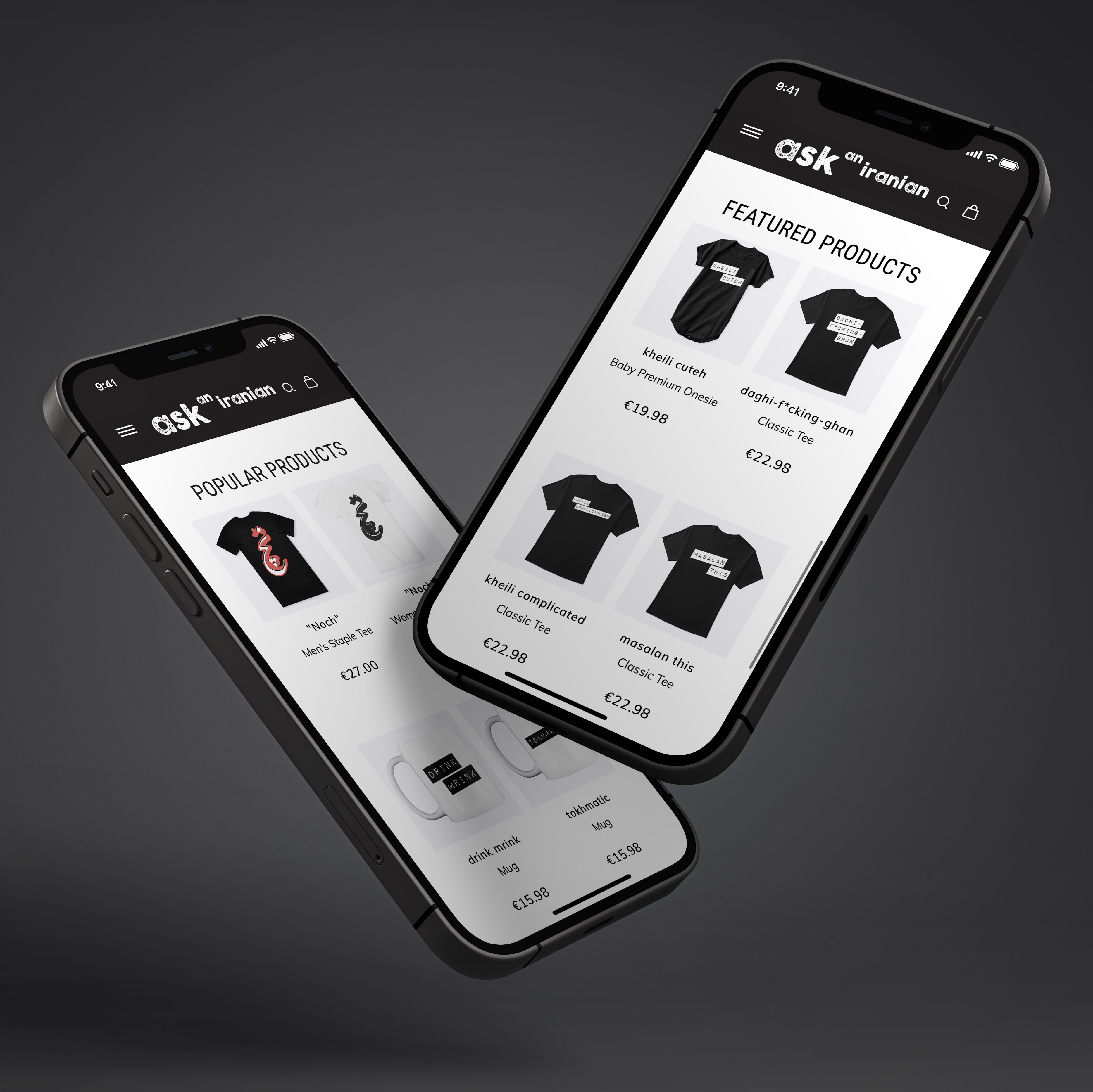 Ask An Iranian merchandise shop shown on two phones