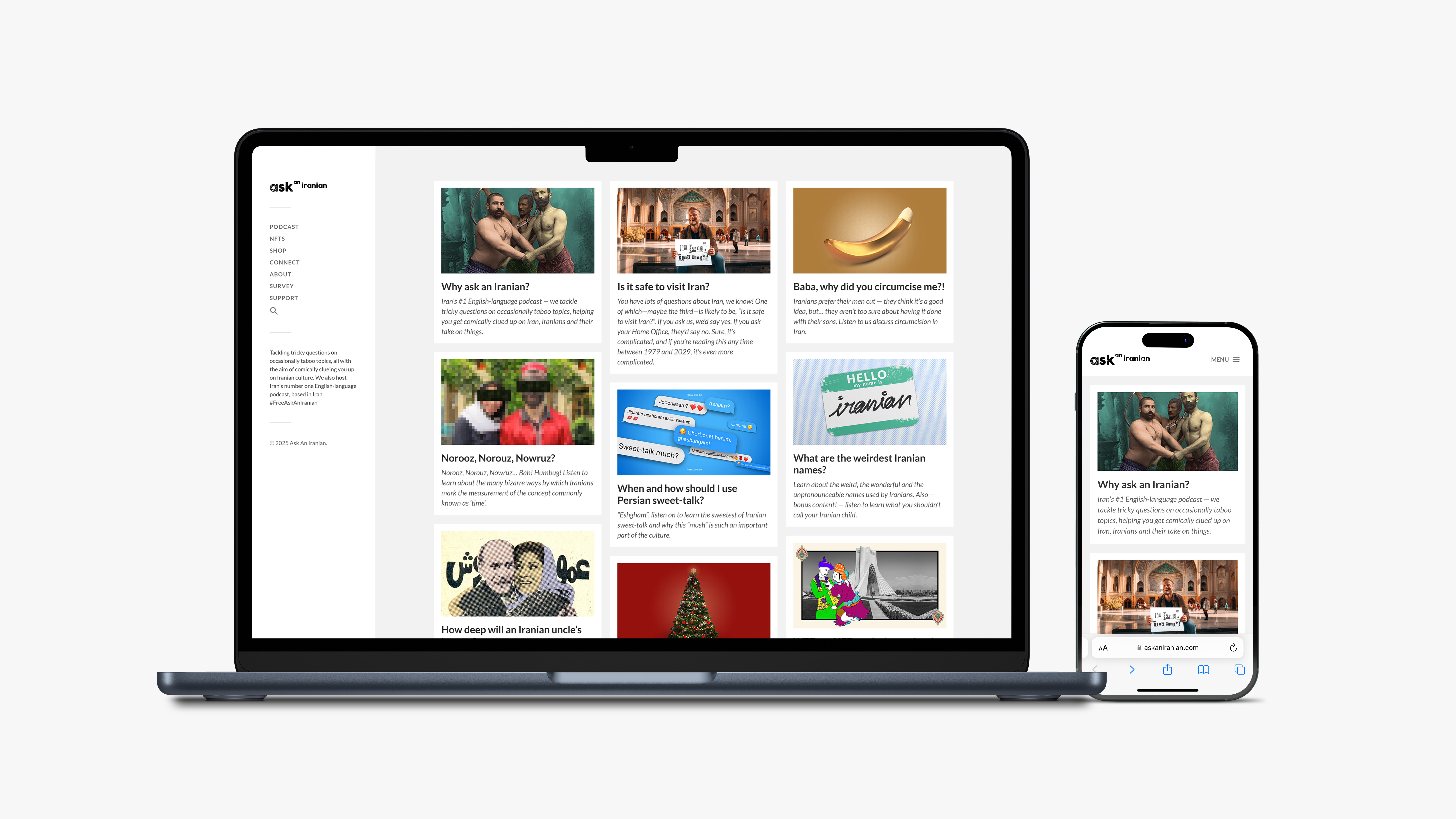 Ask An Iranian website shown on laptop and phone