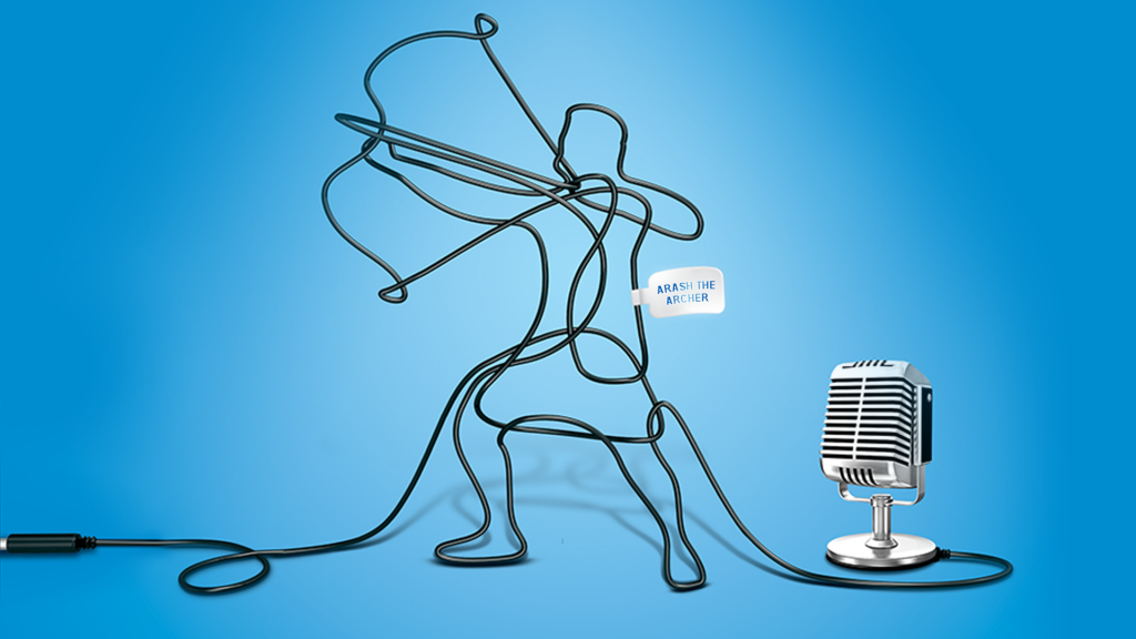 Hero campaign visual showing Arash the Archer formed entirely from a microphone cable.