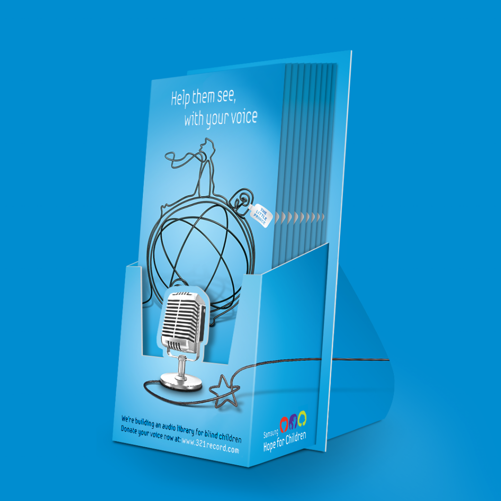 Campaign leaflets and display holder encouraging public participation in the voice-donation initiative.