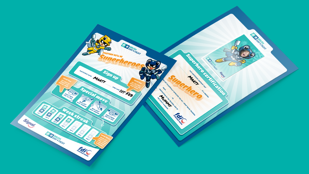 A two-sided A4 certificate showing the sign-up steps and final superhero certification for completing the brushing challenge.
