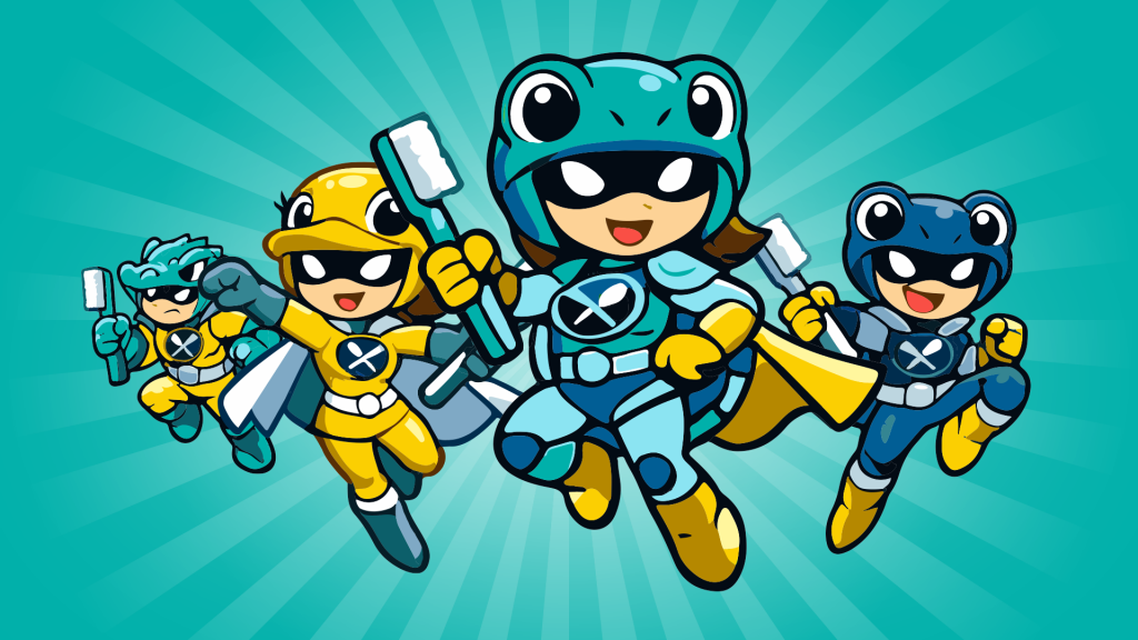 Four illustrated Signal superheroes themed around water creatures, each holding a toothbrush and striking a heroic pose.