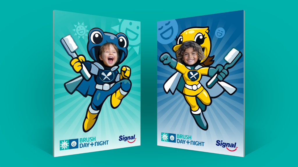 Branded superhero cut-out frames allowing children to pose as their chosen Signal character for an ID photo.