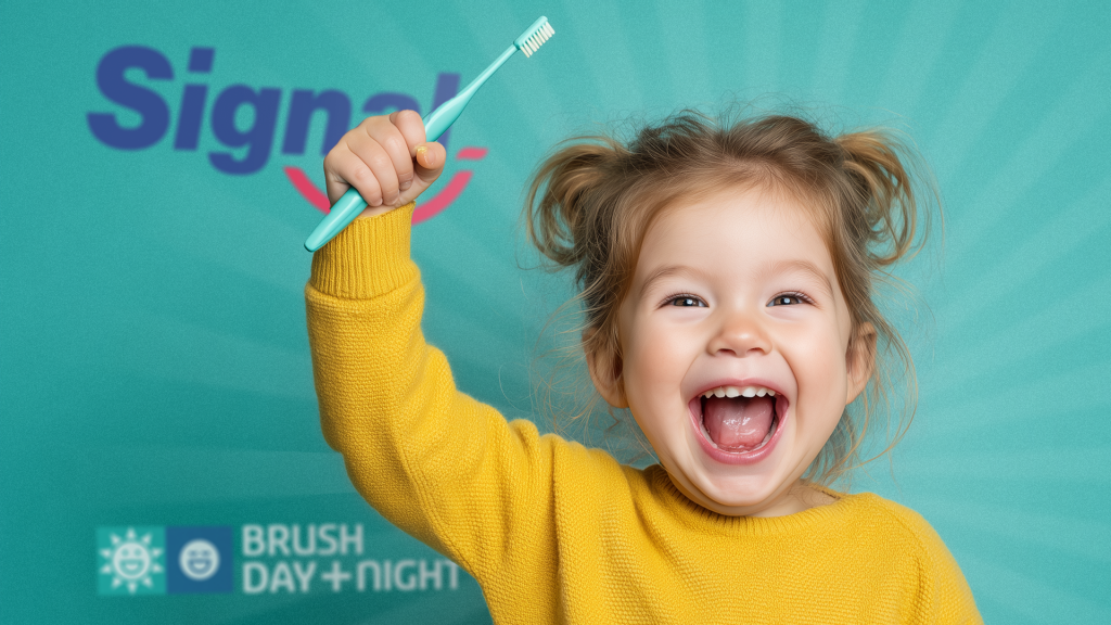 A smiling young girl holds a toothbrush as the centrepiece of a playful superhero campaign encouraging daily brushing.