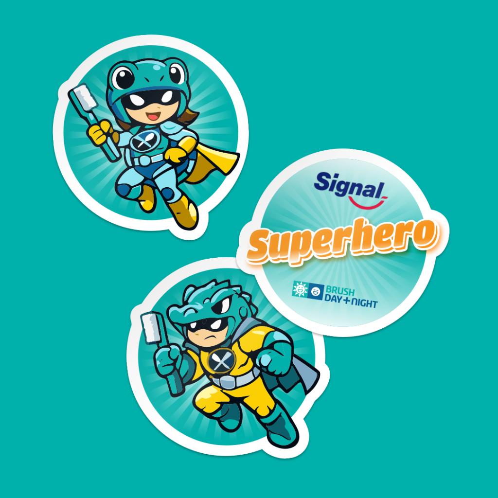 Superhero-themed stickers used to verify seven days of brushing, including character illustrations and a superhero badge.